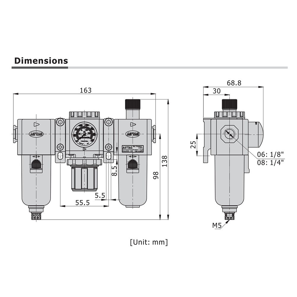 GTC20008LNWTK AIRTAC SMALL FRL ASSEMBLY<BR>GTC200 SERIES 1/4" NPT P-FILT, REG, LUB 20-58 PSI 5 MIC NO GA W/ INT CHK